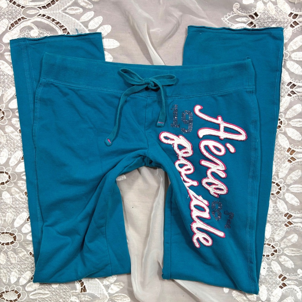 Y2K Aeropostale Teal Blue Rhinestone Logo Sweatpants Lounge Pants Womens Medium